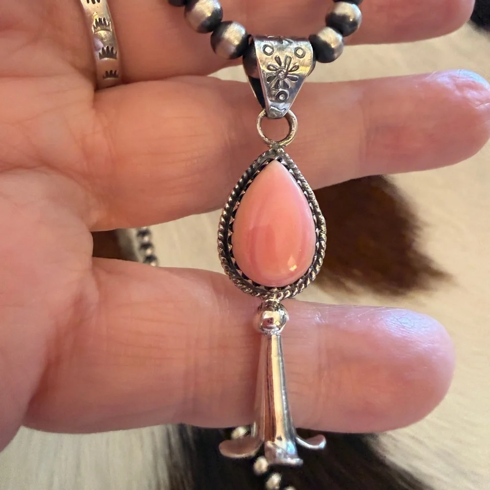 ❤️ Queen Pink Conch Navajo Style Sterling Silver Squash Blossom Pendant 1.89”L
